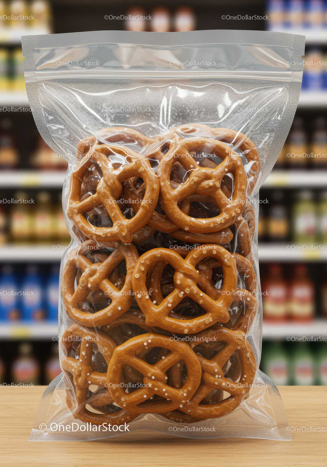 Salted pretzels packed in clear resealable bag