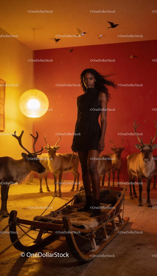 Elegant Woman Standing on Sleigh Surrounded by Reindeer