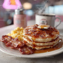 Stack of Fluffy Pancakes with Bacon and Syrup in Cozy Breakfast Setting
