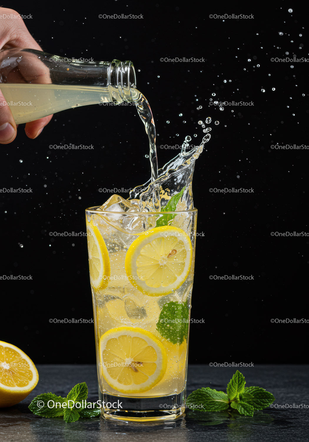 Refreshing Lemonade with Mint and Ice Splash in Glass