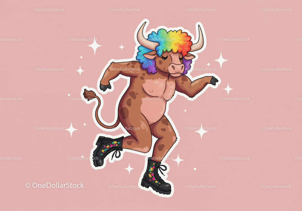 Colorful Bull Mascot Dancing with Funky Shoes in Cartoon Style