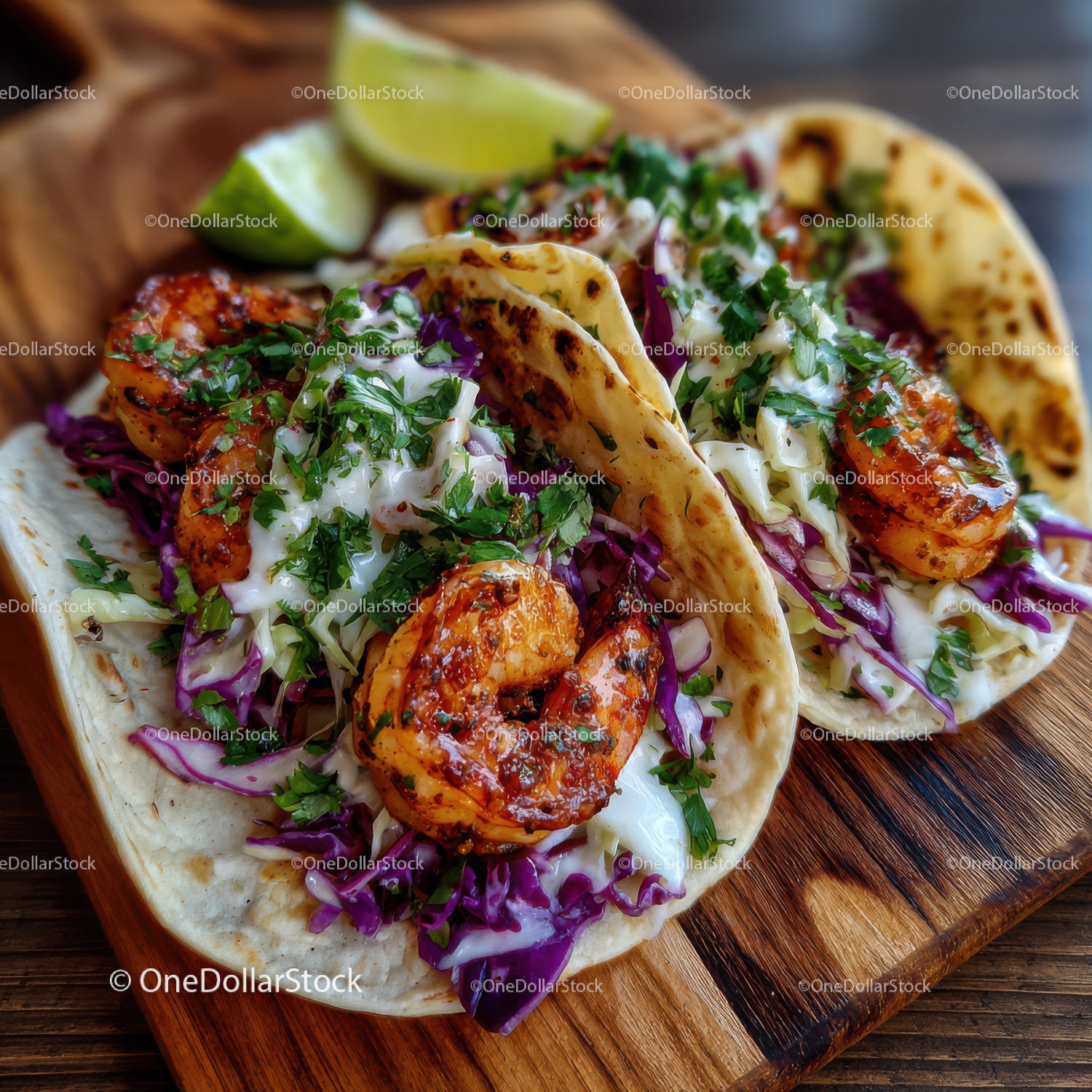 Tacos z owocami morza, krewetkami, świeżą limonką i soczystą kapustą na drewnianej desce