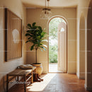 Sunny entryway with natural decor and open wooden door