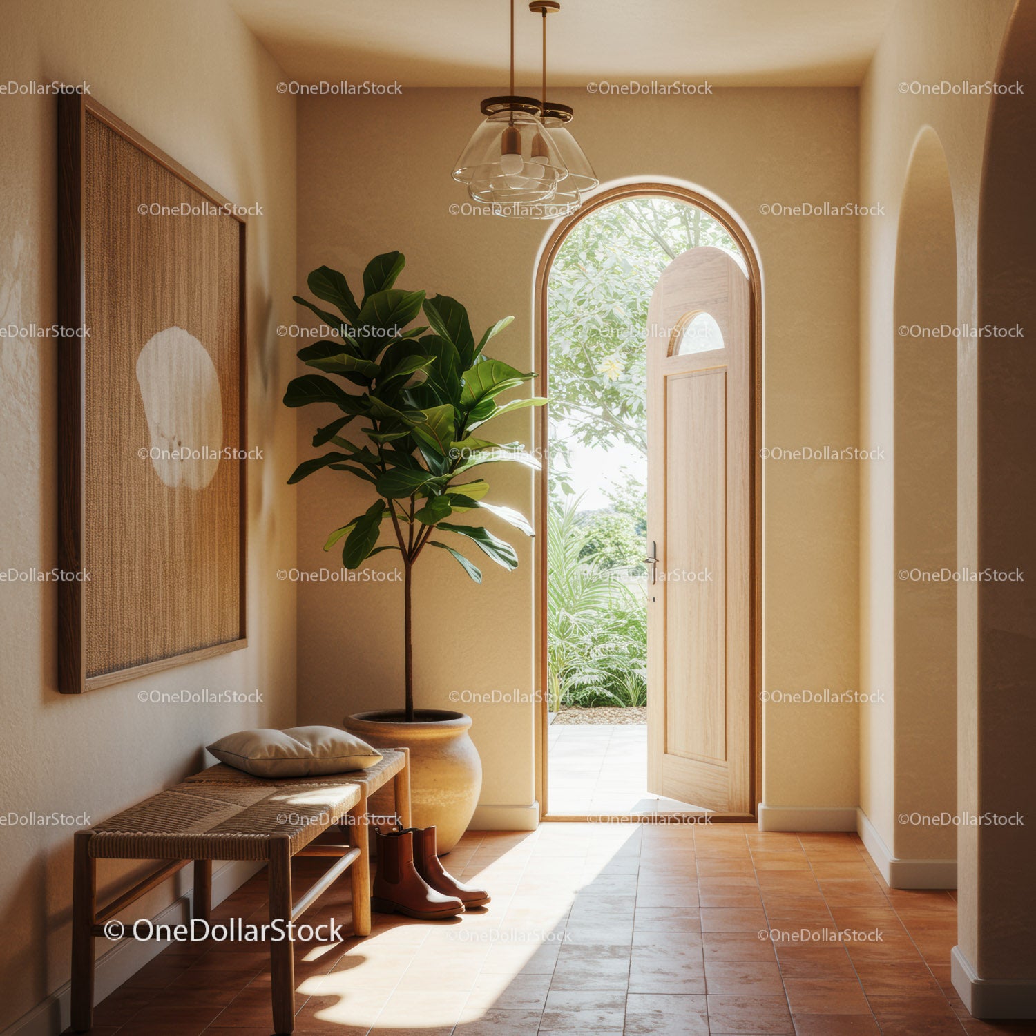 Sunny entryway with natural decor and open wooden door