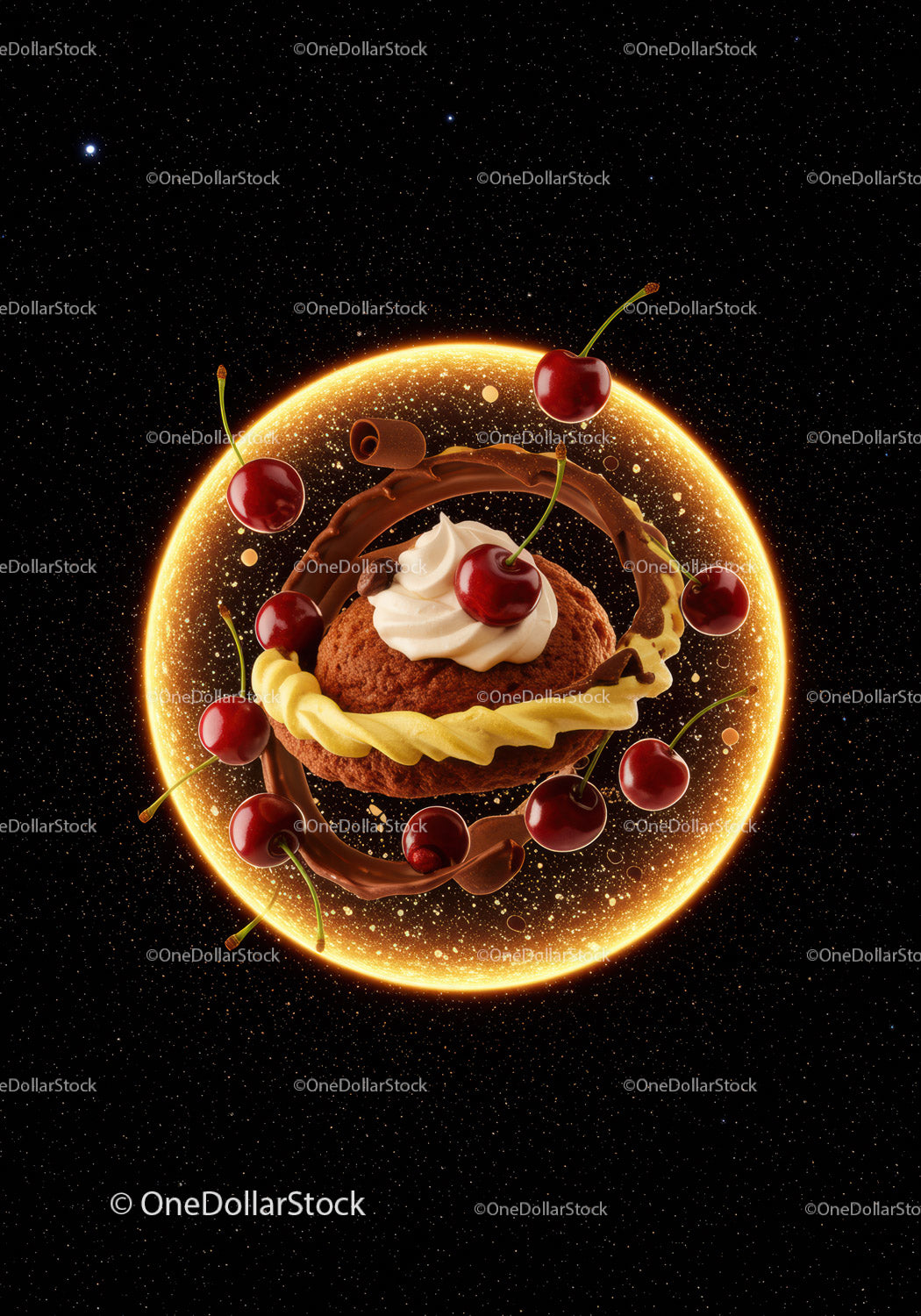Creative dessert composition with cherries and chocolate swirl