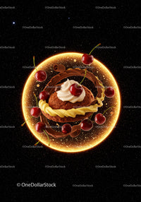 Creative dessert composition with cherries and chocolate swirl