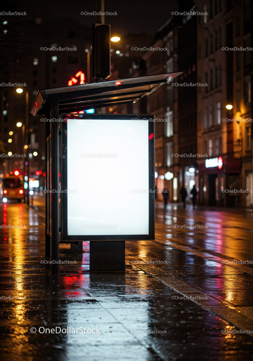 Empty Bus Shelter at Night in a Modern Cityscape
