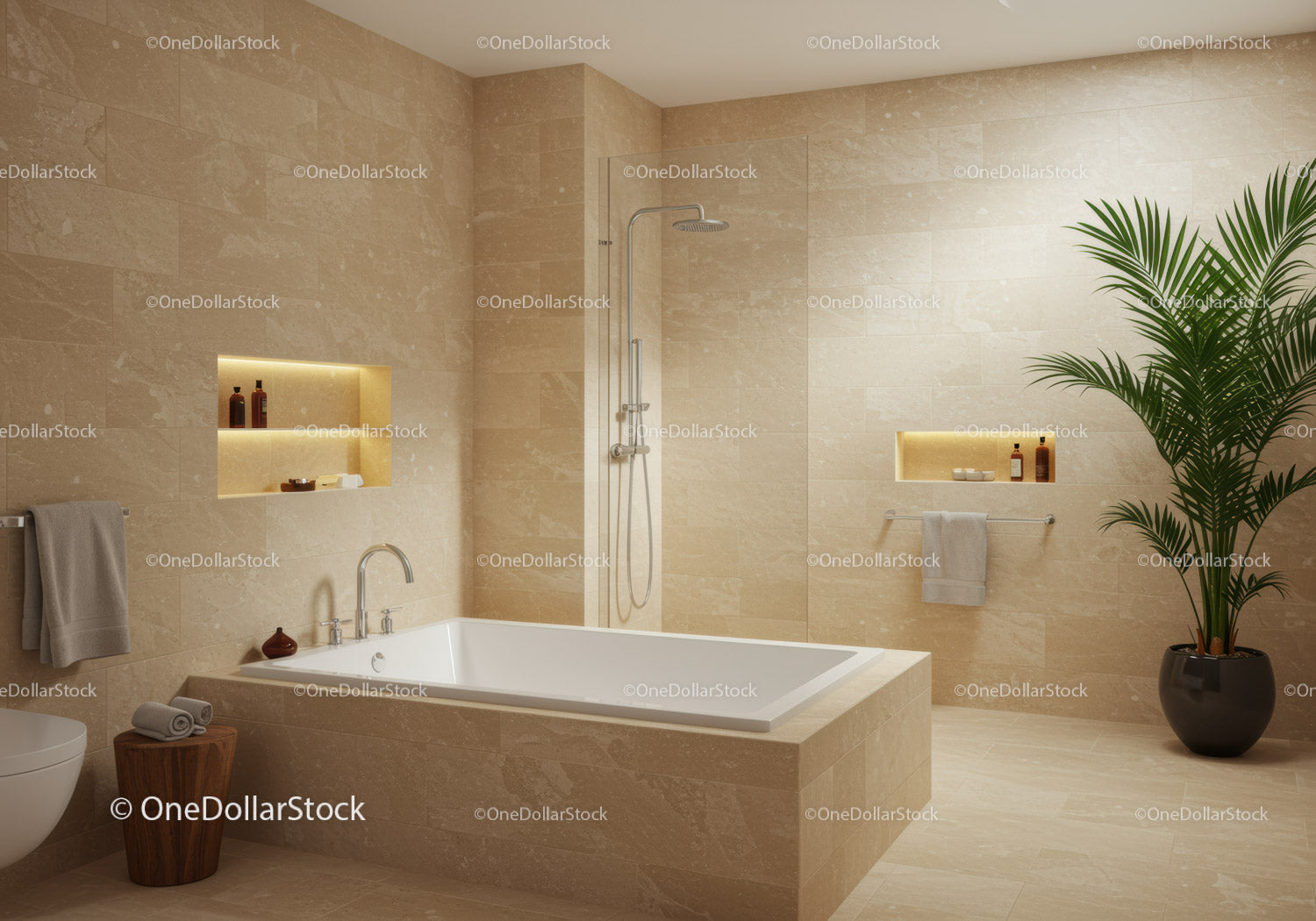 Elegant beige marble bathroom with modern shower and potted plant