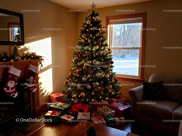 Cozy Living Room with Festive Christmas Tree and Gifts