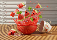Fresh watermelon splashing with ice and mint leaves