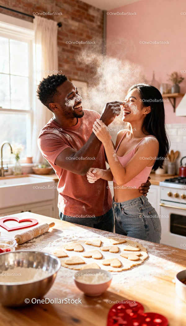 Couple Laughing While Baking Heart Shaped Cookies