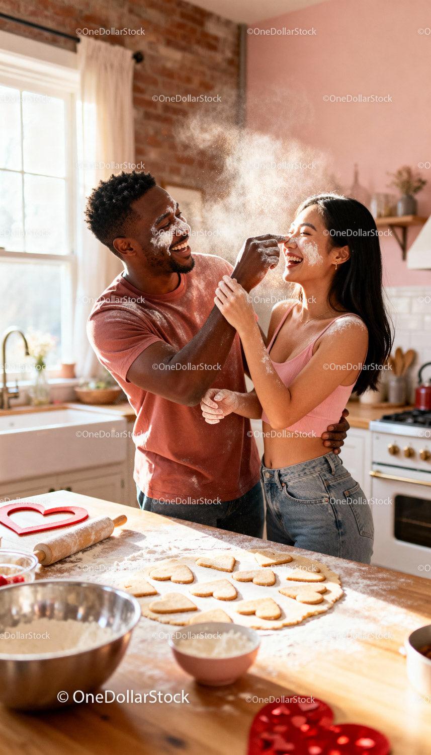 Couple Laughing While Baking Heart Shaped Cookies