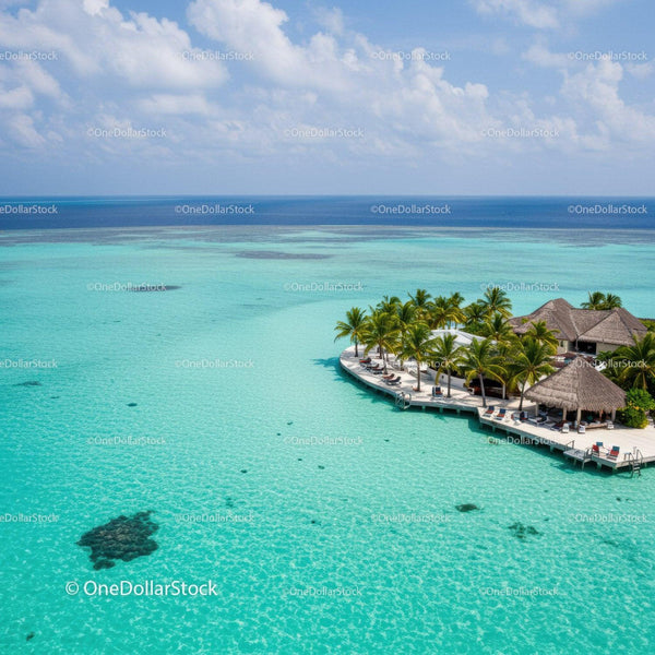 Tropical Overwater Bungalow with Palm Trees on Turquoise Ocean