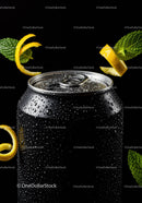 Refreshing soda can with lemon peel and fresh mint