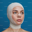 Close-up of a Woman with Facial Bandage and Gauze in Medical Setting