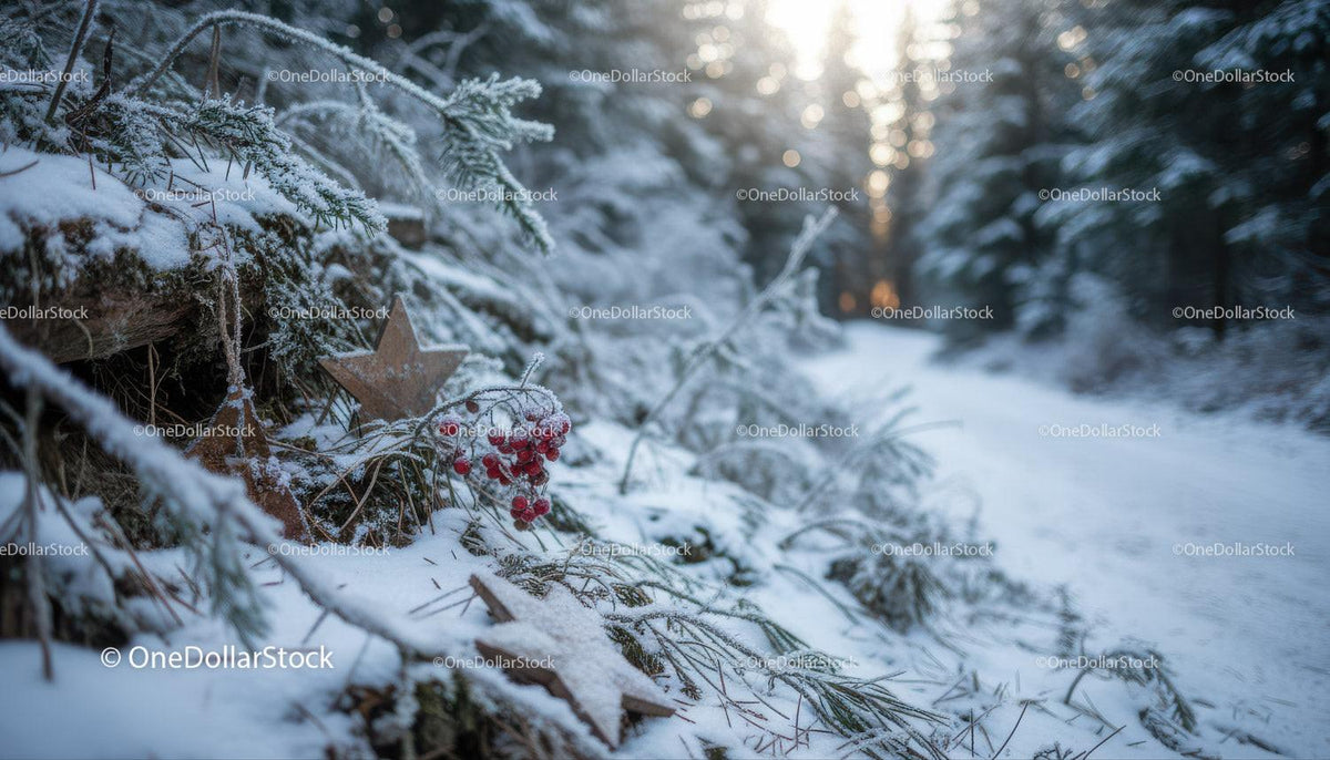 Frosted Winter Branches and Berries in Quiet Forest