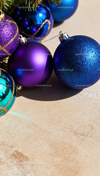 Vivid Purple and Blue Christmas Ornaments Close-Up