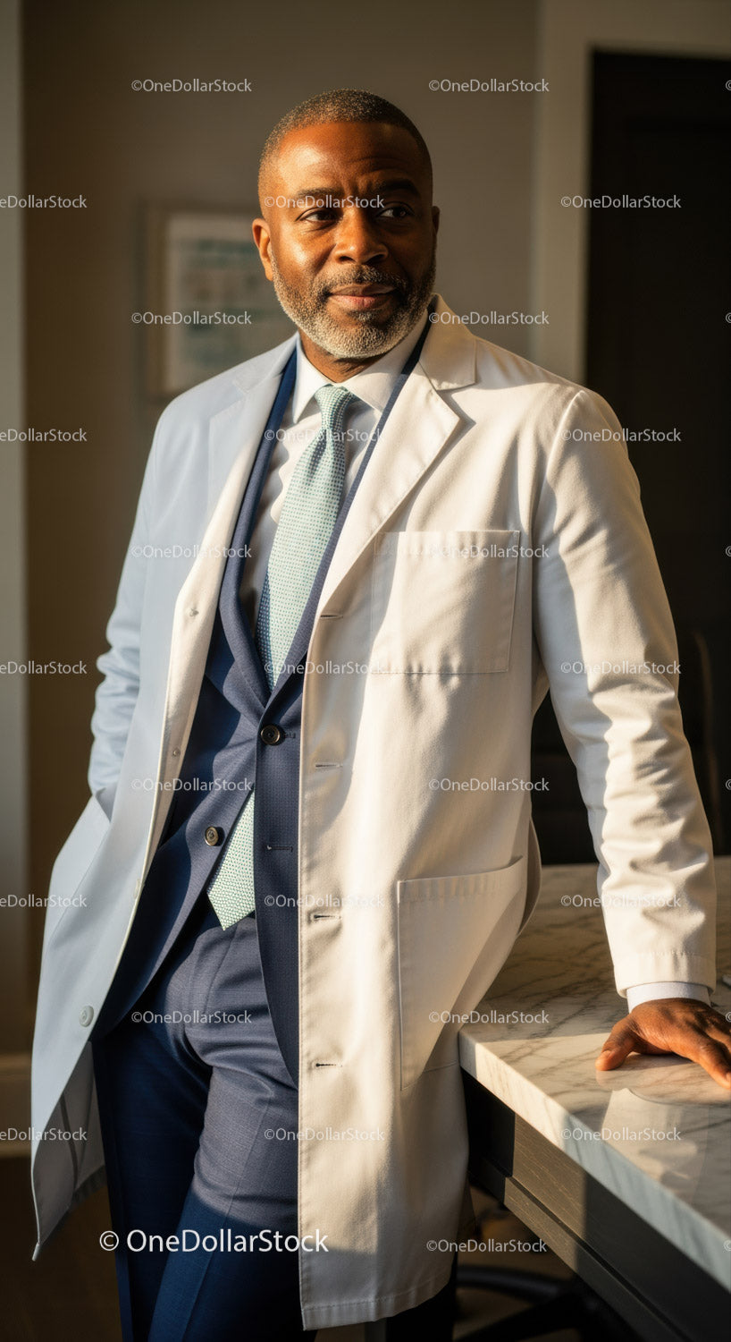 African American Doctor in White Lab Coat with Stethoscope in Hospital