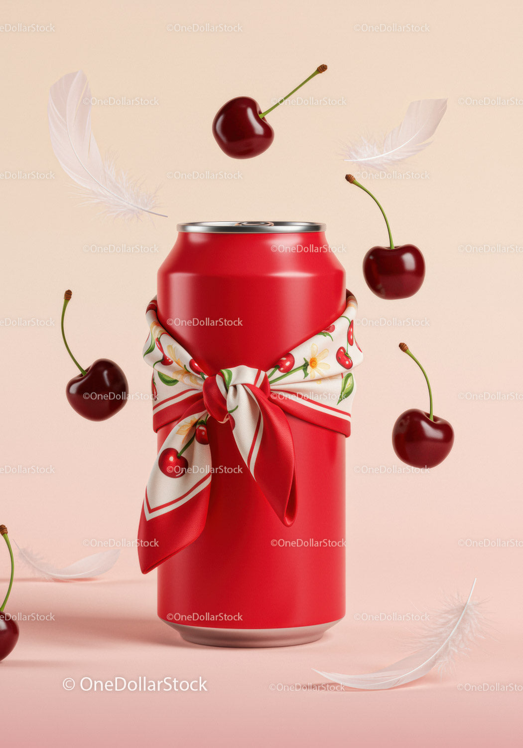 Red Beverage Can with Cherry Patterned Scarf and Floating Fruit