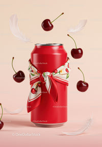 Red Beverage Can with Cherry Patterned Scarf and Floating Fruit