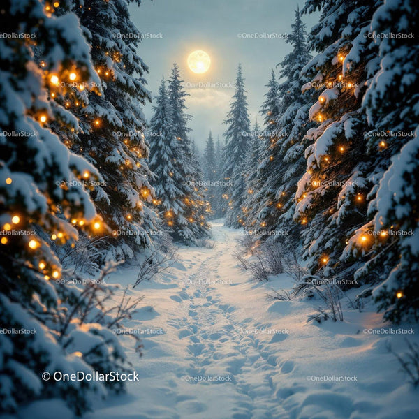 Snowy forest path lit by warm glowing lights