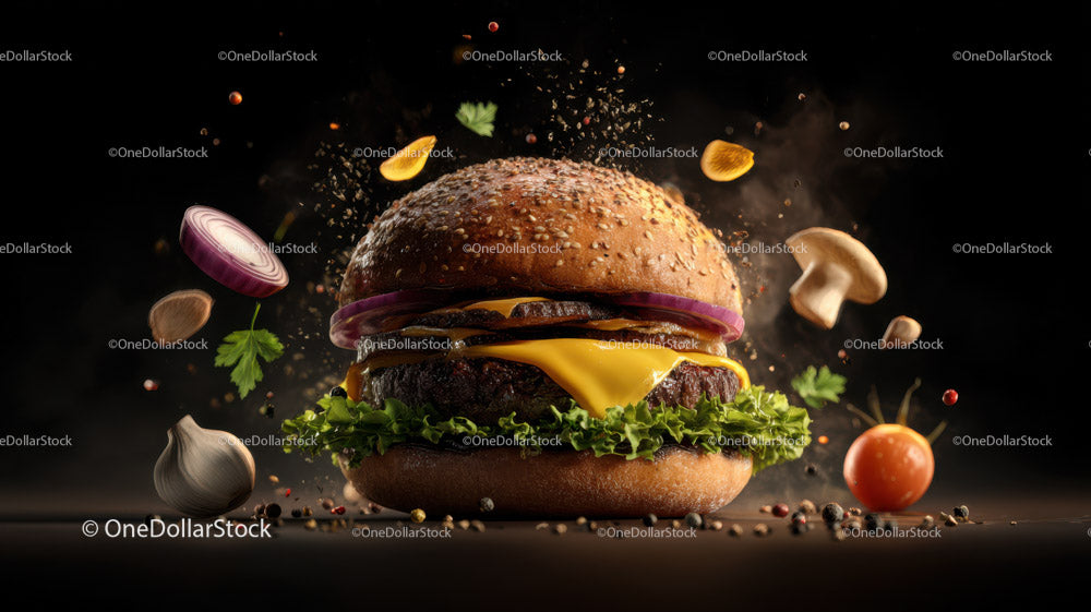 Juicy Gourmet Burger with Fresh Vegetables on Dark Background
