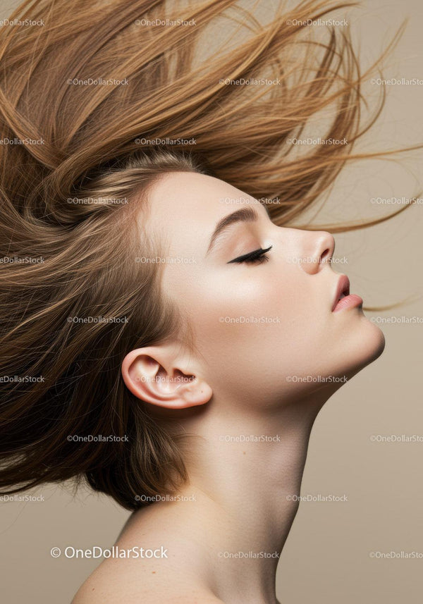 Young woman with flowing hair and serene expression