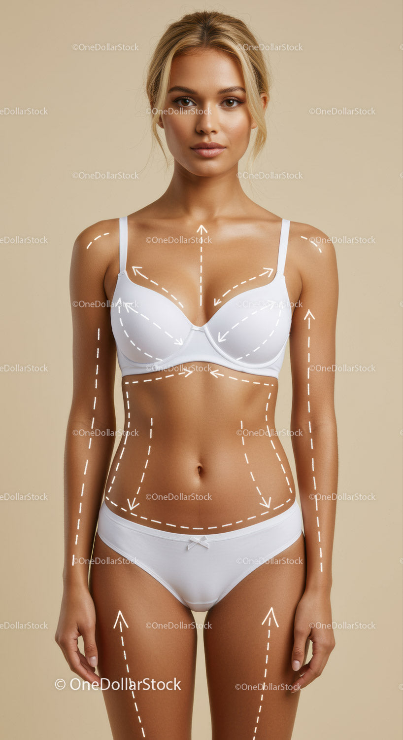 Elegant Woman in White Lingerie with Body Contour Markings