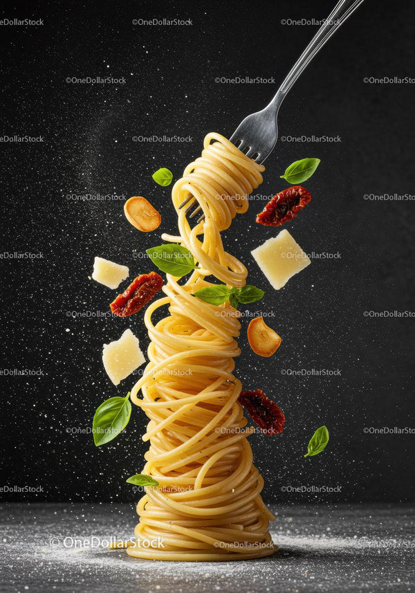 Twisted spaghetti with basil and parmesan in motion