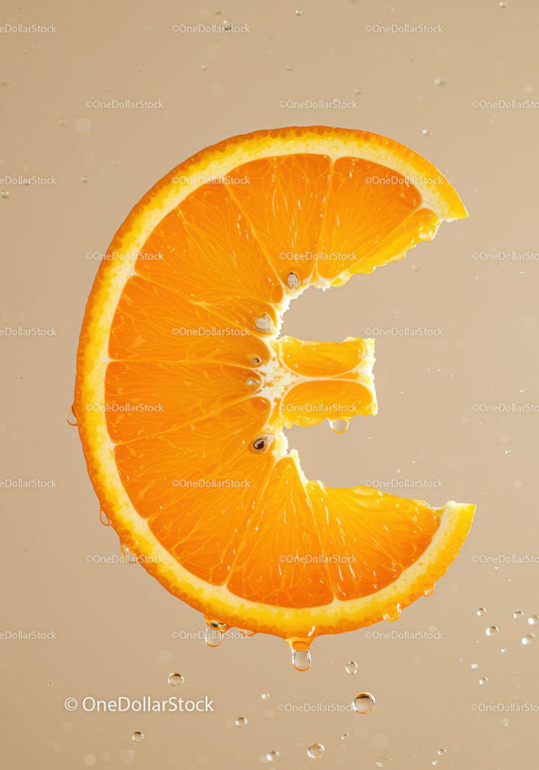Fresh orange slice submerged in clear water droplets