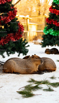 Capybaras resting in snowy yard with holiday decorations