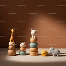 Stacked Wooden Animal Toys on Warm Brown Background