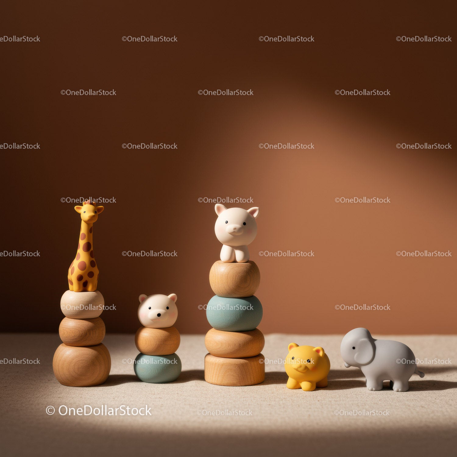 Stacked Wooden Animal Toys on Warm Brown Background