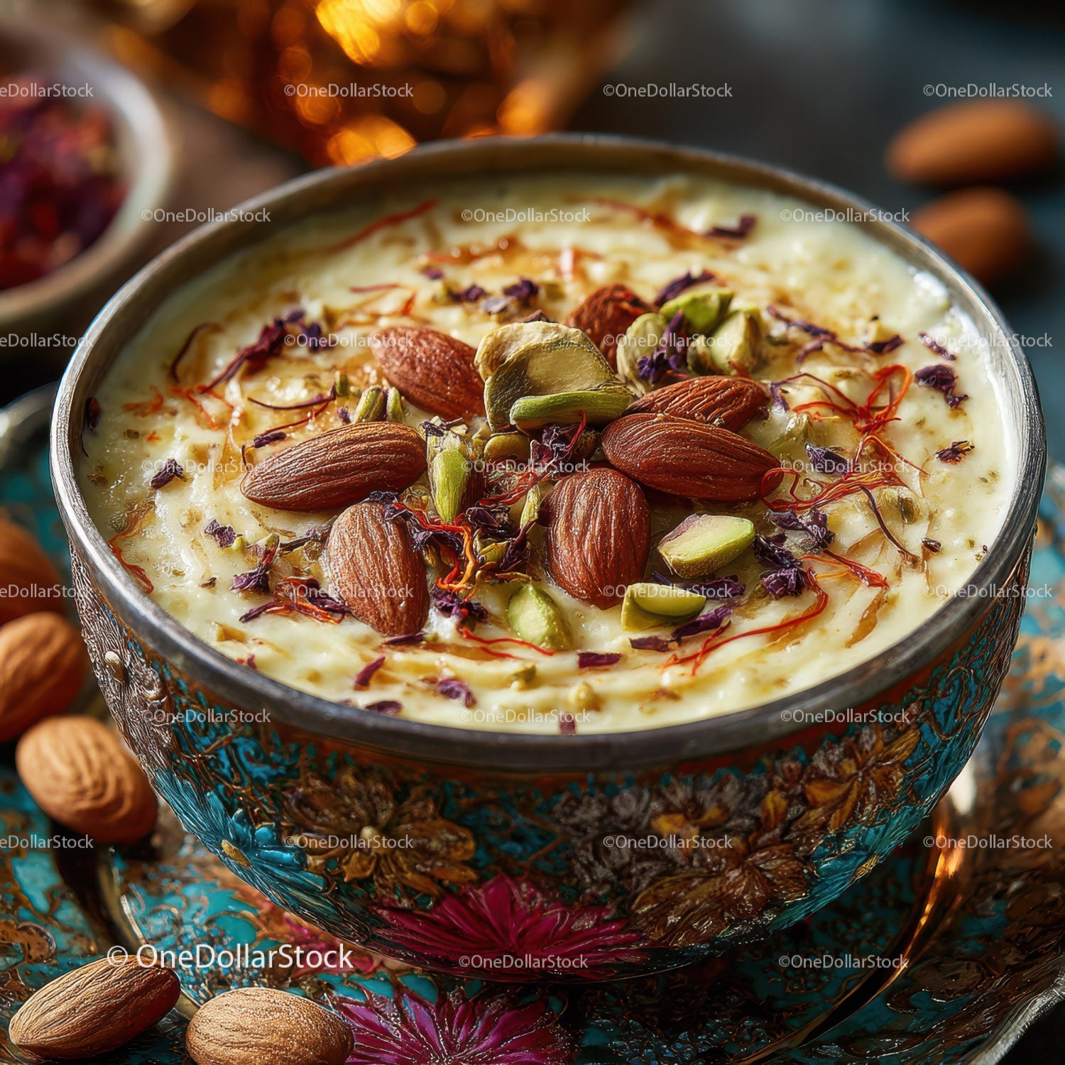 Rich Saffron and Nut Garnished Yogurt Dessert in Ornate Silver Bowl
