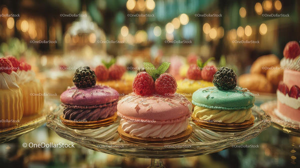 Colorful Assorted Macarons with Berries on Glass Plate for Celebration