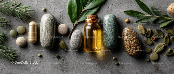 Herbal Supplements and Spa Stones Arrangement for Wellness