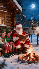 Santa Claus Reading Christmas Story by Fire with Elves and Reindeer