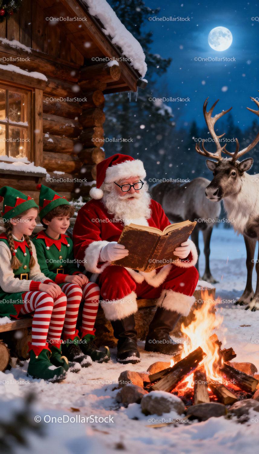 Santa Claus Reading Christmas Story by Fire with Elves and Reindeer