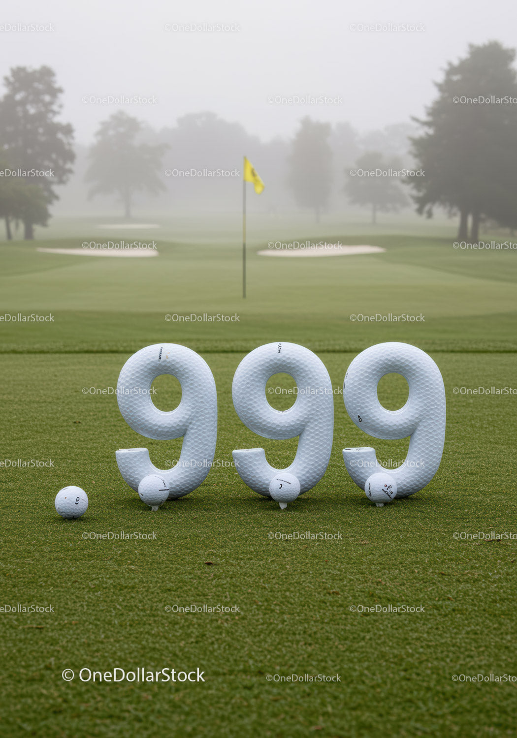 Golf balls arranged in 999 on green course with flag