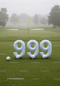 Golf balls arranged in 999 on green course with flag