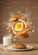 Hot pancakes with honey almonds and milk on table