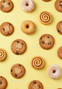 Assorted cookies and donuts on pastel yellow background