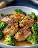 Grilled Chicken Breast with Fresh Broccoli Florets in a Black Dish