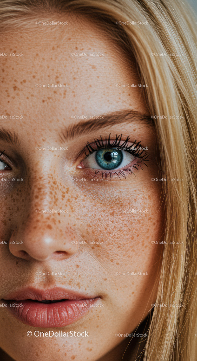 Close-up of young woman with freckles and blue eyes