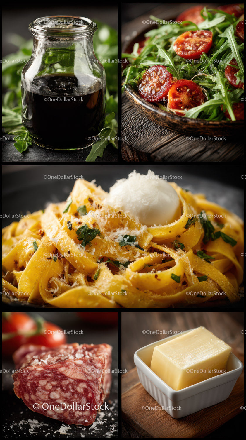 Assorted Italian Food Dishes with Pasta Cherry Tomatoes and Balsamic Vinegar