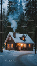 Cozy Wooden Cabin in Snowy Winter Forest at Twilight