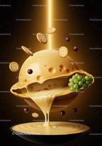 Melting cheese planet with crackers and grapes in space