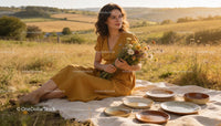 Woman in mustard dress holding wildflowers outdoors