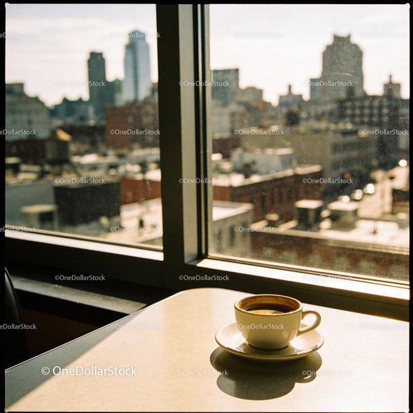 Fresh cup of coffee by sunny city window
