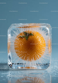 Fresh Orange Fruit Frozen Inside Transparent Ice Cube